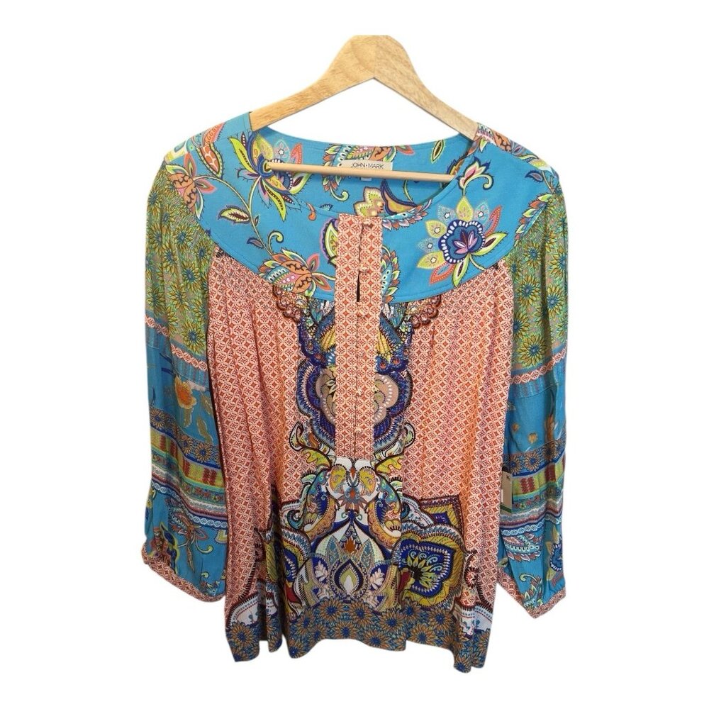 John Mark Mixed Print Peasant Top Multi Large Boh… - image 3